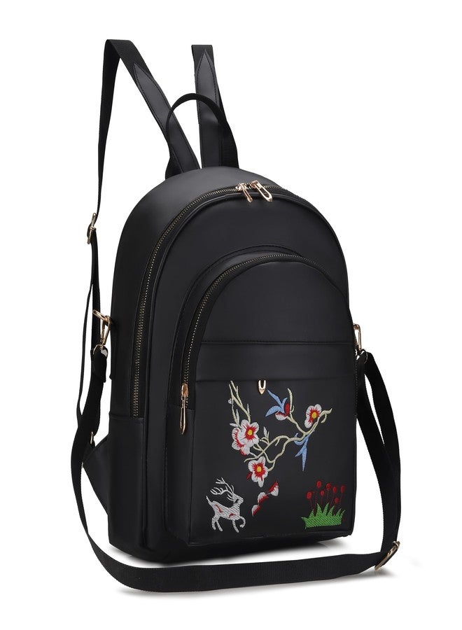 SKUGG 2024 New Flower Embroidered Artistic National Style Oxford Small Capacity Women's Bag Generation Backpack-Black - Image 1